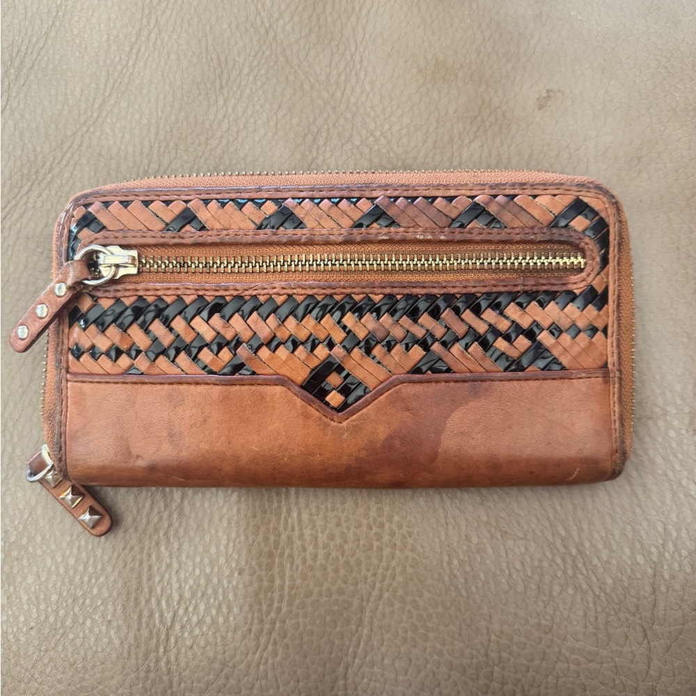Rebecca Minkoff Tan and Black Leather Geometric Woven Wallet - Picture 2 of 3